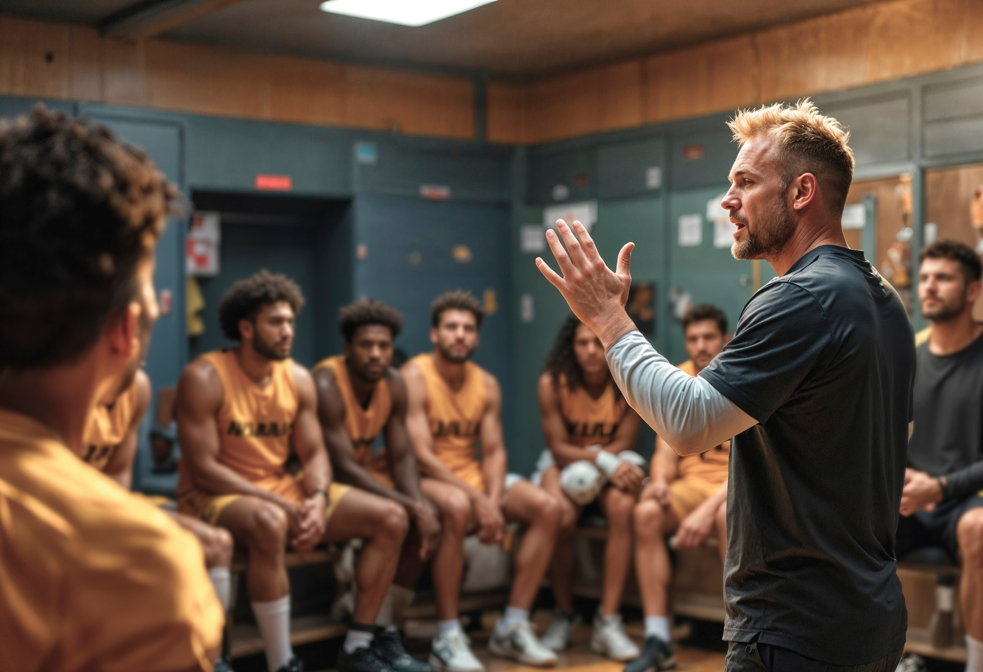 entraîneur sportif encourageant son équipe de basketball dans le vestiaire