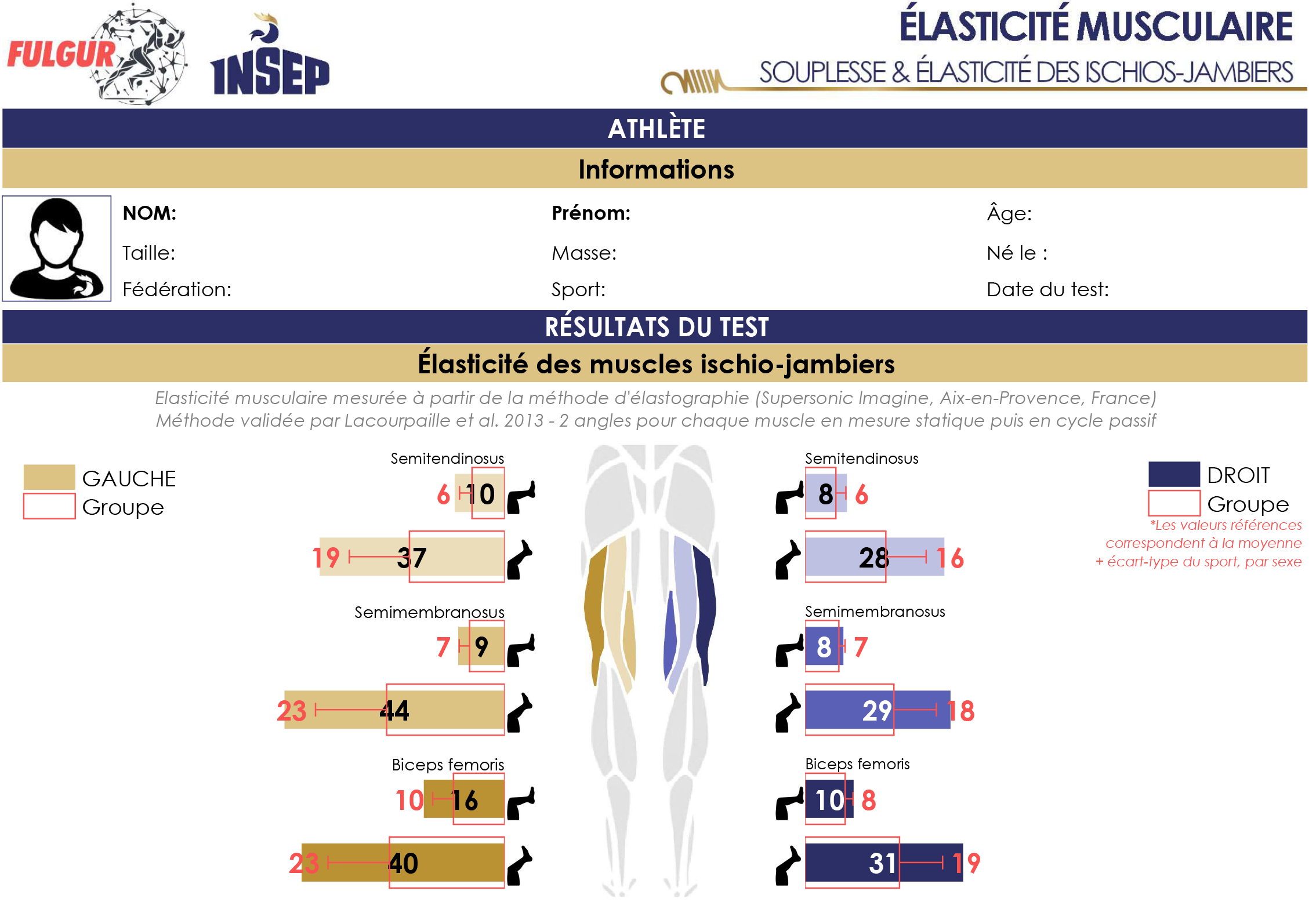 Figure 3 – a. Photographie de mesures des propriétés élastiques du muscle par élastographie ; b. Extrait du rapport d’élasticité.