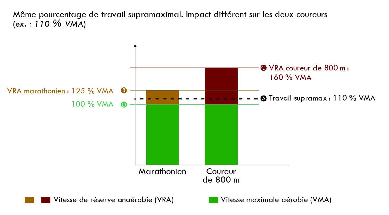 Figure 2 – Un exemple de travail à intensité supramaximale (110 % de VMA) et son impact sur deux coureurs dont la vitesse de réserve anaérobie diffère.