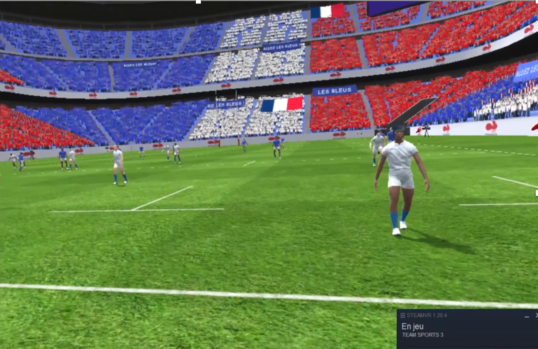 Figure 2 – Illustration de l’environnement virtuel utilisé dans le cadre d’une expérimentation avec l’équipe de France masculine de rugby à 7.